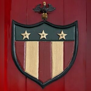 Vintage Red, White & Blue Hand Carved Wooden Liberty Shield w/Eagle 13.5” x 10”